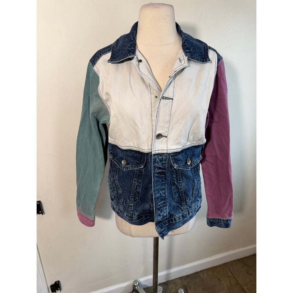 BDG Urban Outfitters Colorblock Denim Trucker Jacket XS Blue Green Pink Multi